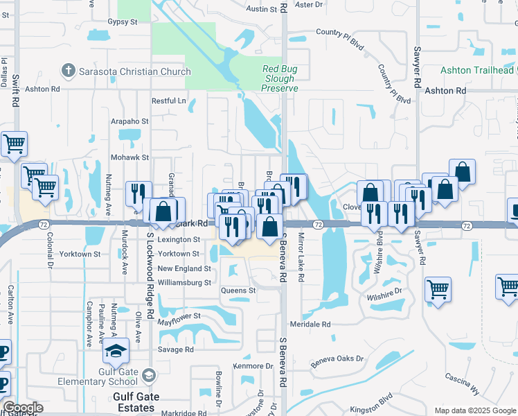 map of restaurants, bars, coffee shops, grocery stores, and more near 5768 Brooklyn Avenue in Sarasota