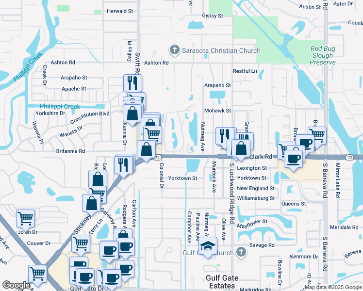 map of restaurants, bars, coffee shops, grocery stores, and more near 5760 Ashton Lake Drive in Sarasota