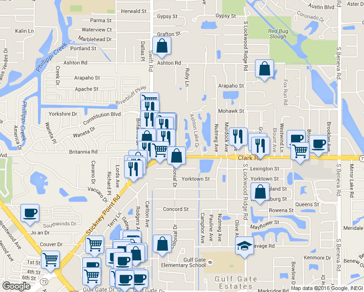 map of restaurants, bars, coffee shops, grocery stores, and more near 19 Colonial Drive in Sarasota