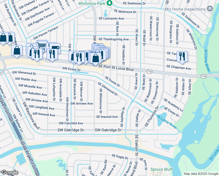 map of restaurants, bars, coffee shops, grocery stores, and more near 391 Southeast Glenwood Drive in Port St. Lucie