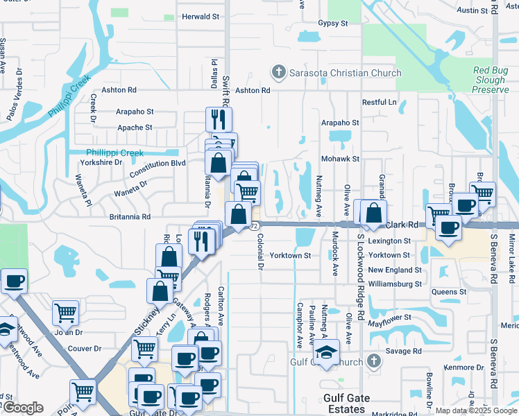 map of restaurants, bars, coffee shops, grocery stores, and more near 19 Colonial Drive in Sarasota