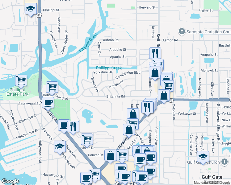 map of restaurants, bars, coffee shops, grocery stores, and more near 5761 Antilles Drive in Sarasota