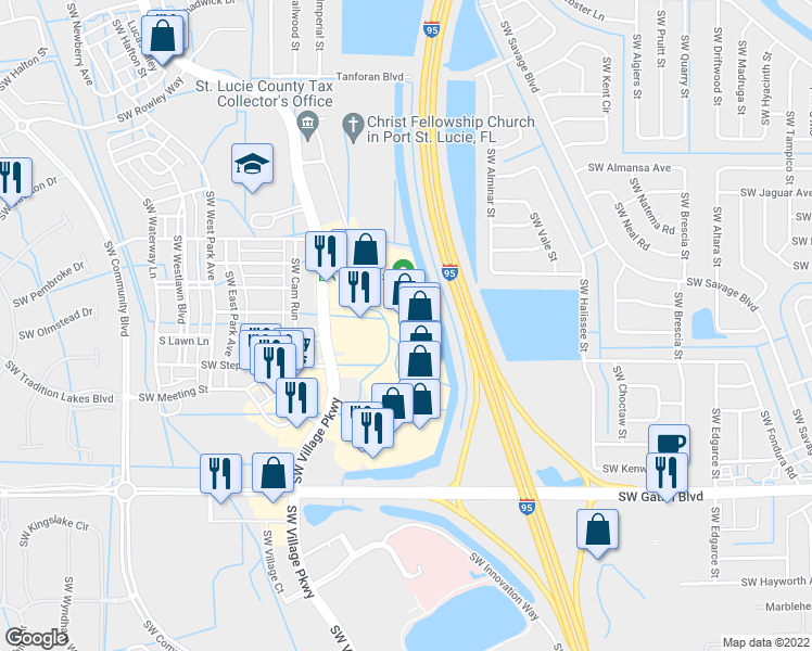 map of restaurants, bars, coffee shops, grocery stores, and more near 10624 Southwest Village Parkway in Port St. Lucie