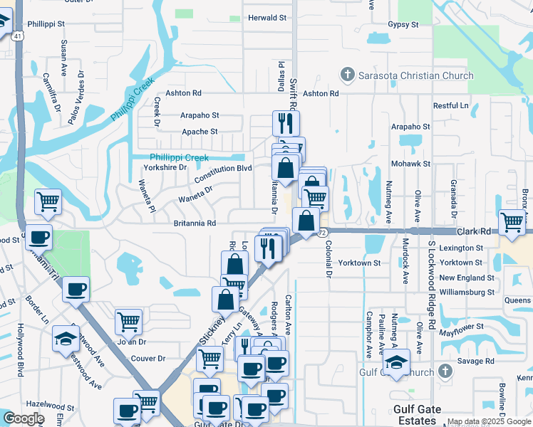 map of restaurants, bars, coffee shops, grocery stores, and more near 2629 Britannia Road in Sarasota