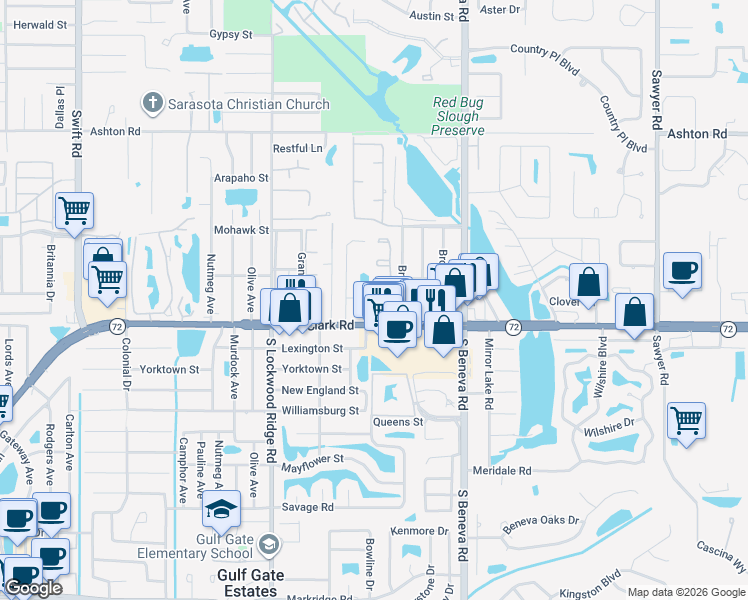 map of restaurants, bars, coffee shops, grocery stores, and more near 3411 Clark Road in Sarasota