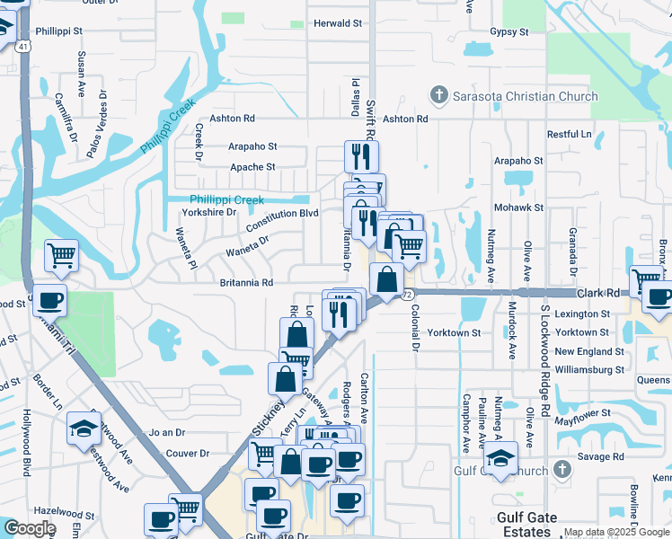 map of restaurants, bars, coffee shops, grocery stores, and more near 2629 Britannia Road in Sarasota