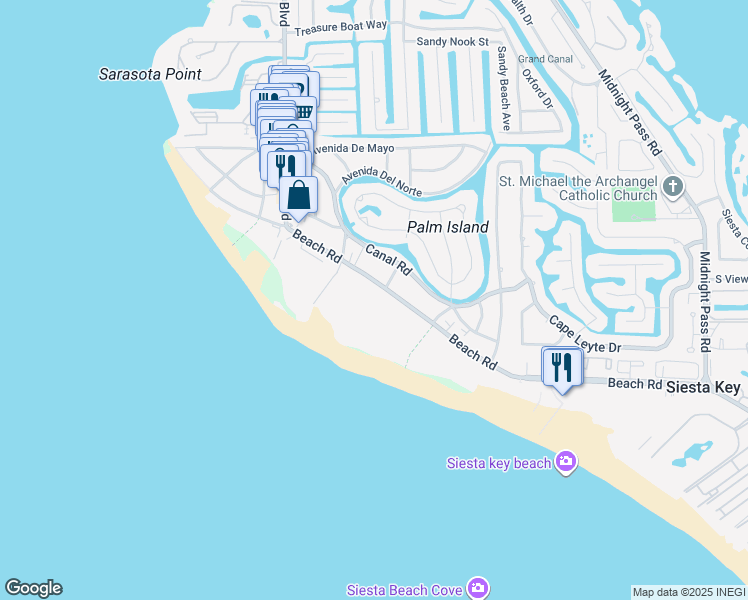 map of restaurants, bars, coffee shops, grocery stores, and more near 504 Beach Road in Siesta Key
