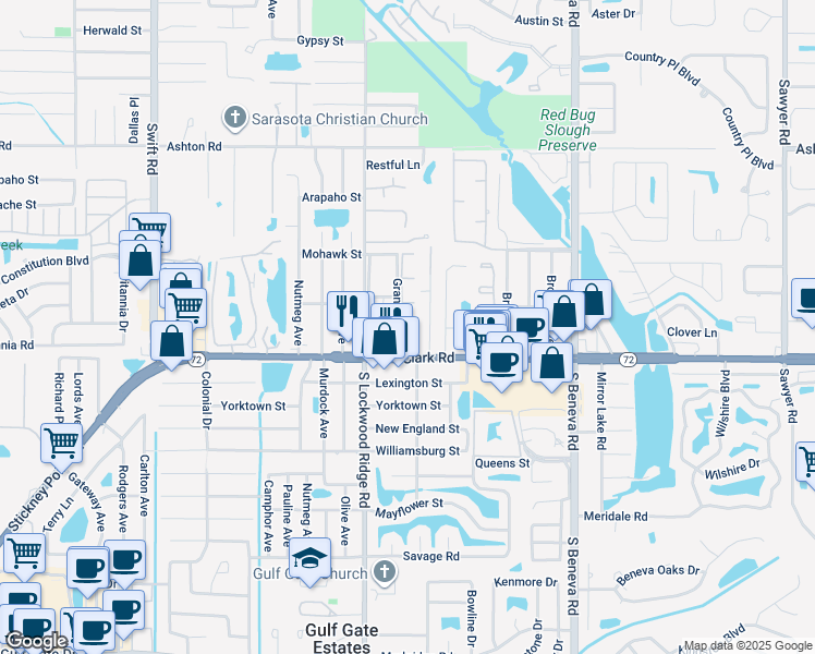 map of restaurants, bars, coffee shops, grocery stores, and more near 5738 Granada Drive in Sarasota