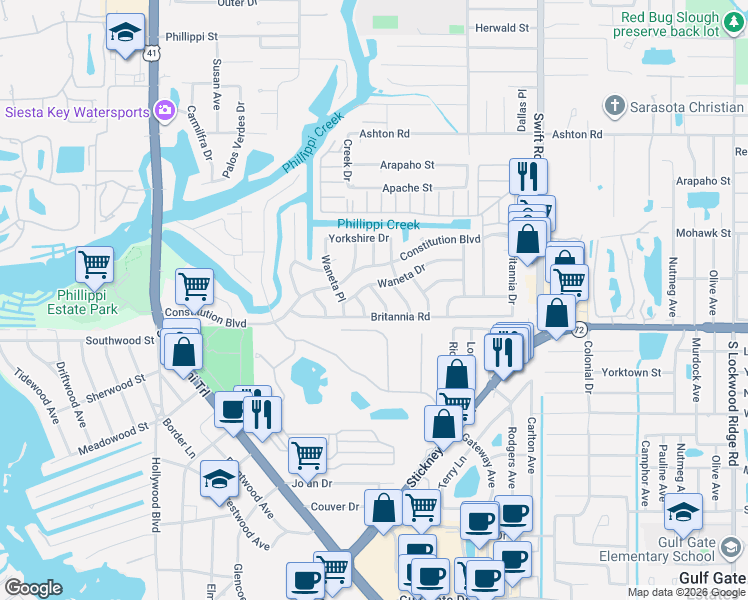 map of restaurants, bars, coffee shops, grocery stores, and more near 5748 Isanda Place in Sarasota