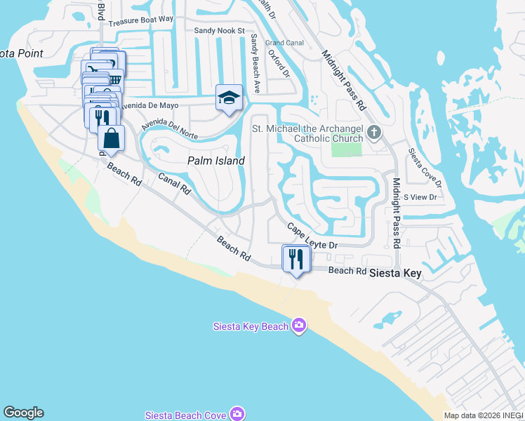 map of restaurants, bars, coffee shops, grocery stores, and more near 5528 Cape Aqua Drive in Siesta Key