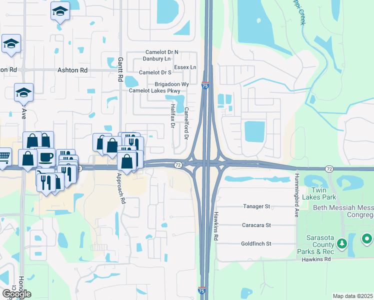 map of restaurants, bars, coffee shops, grocery stores, and more near 5750 Camelford Drive in Sarasota