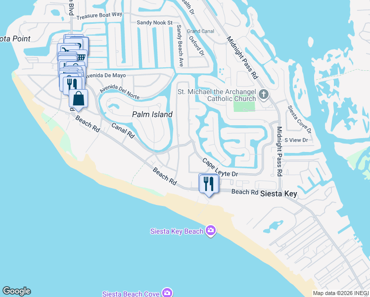 map of restaurants, bars, coffee shops, grocery stores, and more near 5528 Cape Aqua Drive in Siesta Key