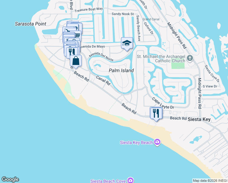 map of restaurants, bars, coffee shops, grocery stores, and more near 547 Beach Road in Sarasota