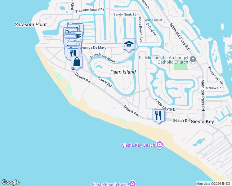 map of restaurants, bars, coffee shops, grocery stores, and more near 547 Beach Road in Sarasota
