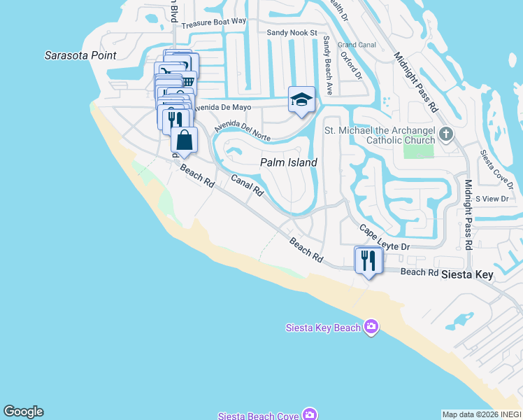 map of restaurants, bars, coffee shops, grocery stores, and more near 547 Beach Road in Sarasota