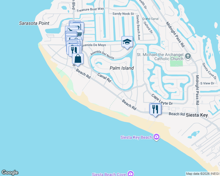 map of restaurants, bars, coffee shops, grocery stores, and more near 547 Beach Road in Sarasota
