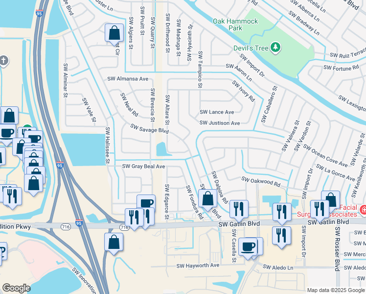 map of restaurants, bars, coffee shops, grocery stores, and more near 2126 Southwest Biella Avenue in Port St. Lucie