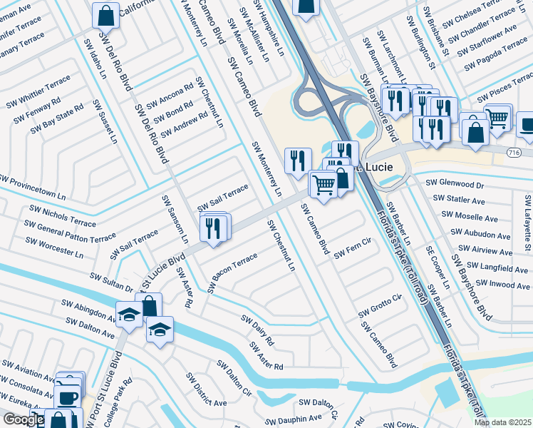 map of restaurants, bars, coffee shops, grocery stores, and more near SW Port St Lucie Blvd & SW Chestnut Ln in Port St. Lucie