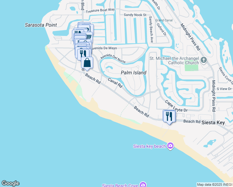 map of restaurants, bars, coffee shops, grocery stores, and more near 516 Beach Road in Sarasota