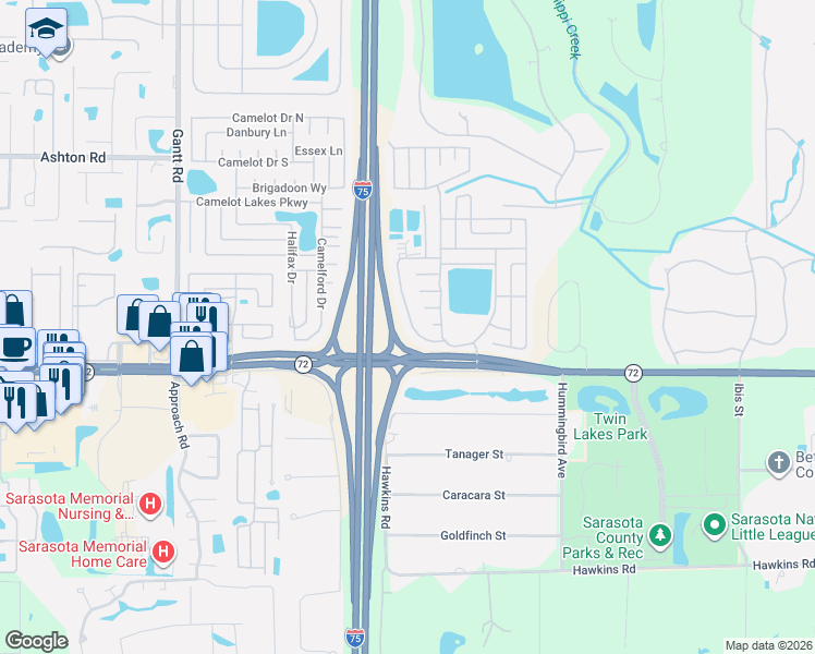 map of restaurants, bars, coffee shops, grocery stores, and more near Clark Rd in Sarasota