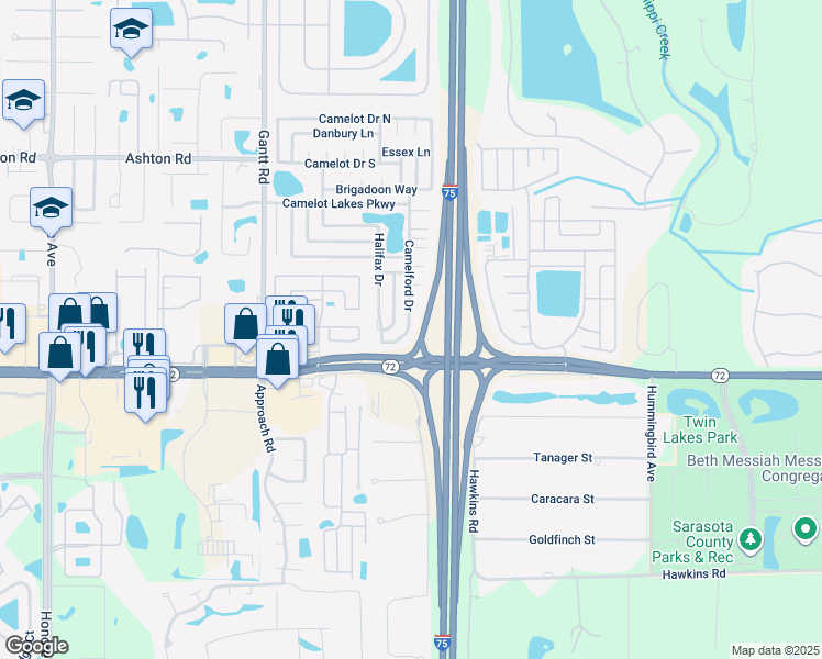 map of restaurants, bars, coffee shops, grocery stores, and more near 5750 Camelford Drive in Sarasota