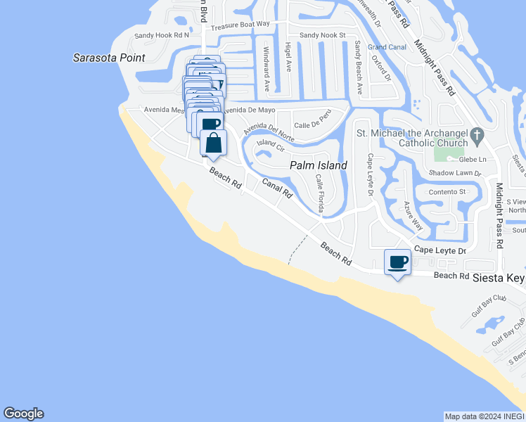 map of restaurants, bars, coffee shops, grocery stores, and more near 504 Beach Road in Siesta Key