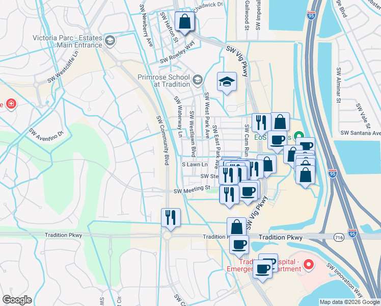 map of restaurants, bars, coffee shops, grocery stores, and more near 10691 Southwest Westlawn Boulevard in Port St. Lucie