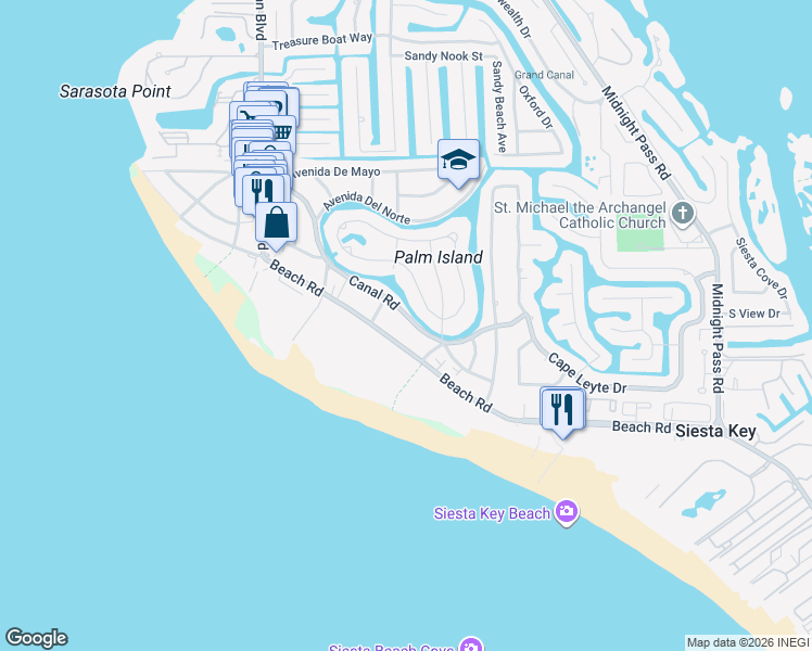 map of restaurants, bars, coffee shops, grocery stores, and more near 547 Beach Road in Sarasota