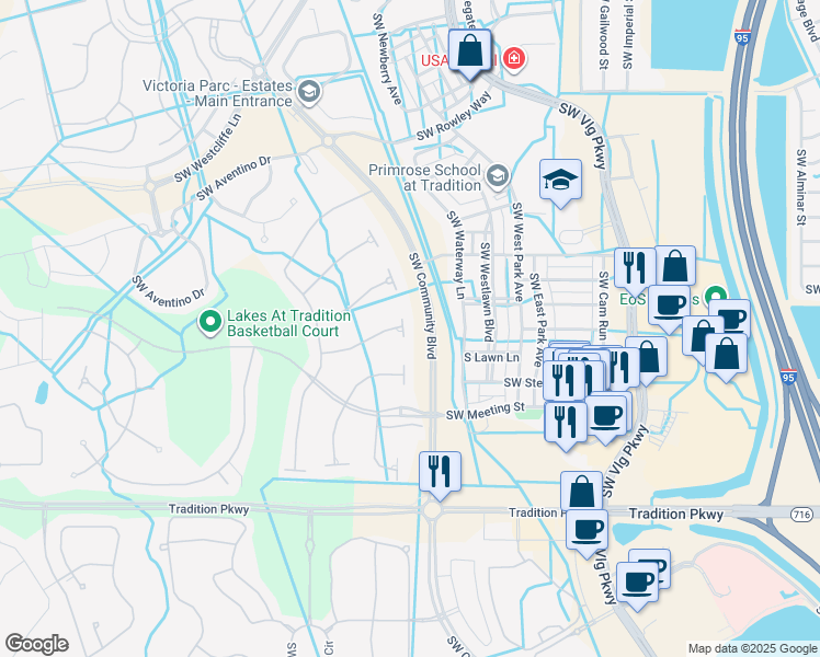 map of restaurants, bars, coffee shops, grocery stores, and more near 11117 Southwest Olmstead Drive in Port St. Lucie