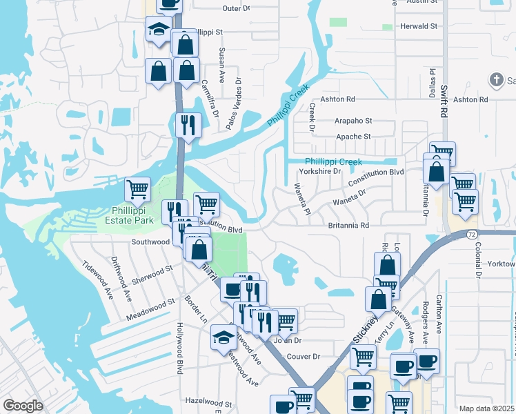 map of restaurants, bars, coffee shops, grocery stores, and more near 5624 Merrimac Drive in Sarasota