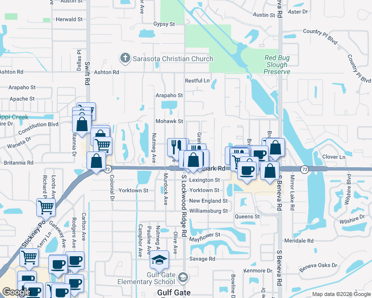 map of restaurants, bars, coffee shops, grocery stores, and more near 5672 South Lockwood Ridge Road in Sarasota