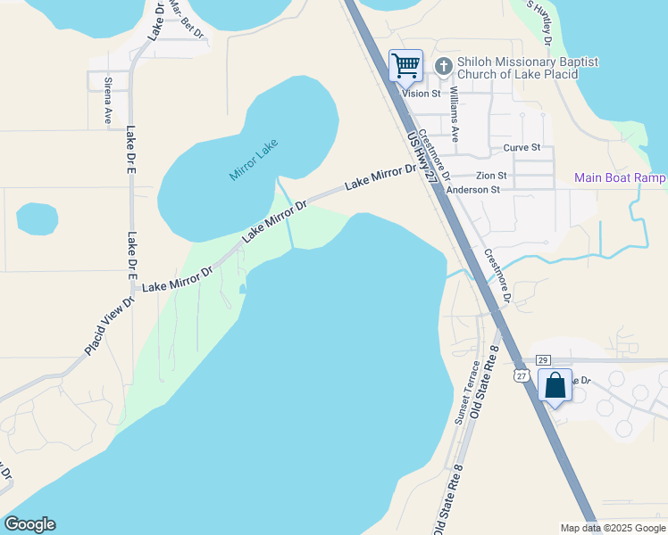 map of restaurants, bars, coffee shops, grocery stores, and more near 246 Lake Mirror Drive in Lake Placid