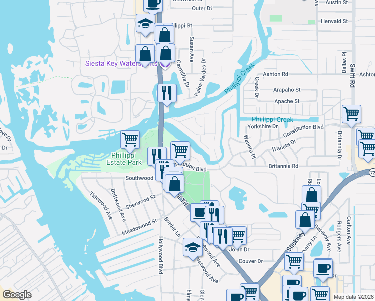 map of restaurants, bars, coffee shops, grocery stores, and more near 5631 Aquitania Place in Sarasota