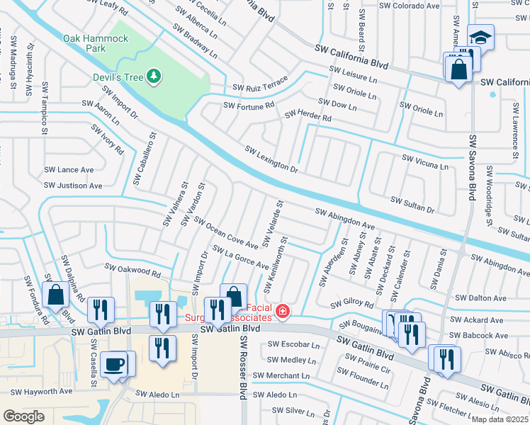 map of restaurants, bars, coffee shops, grocery stores, and more near 2431 Southwest Waikiki Street in Port St. Lucie