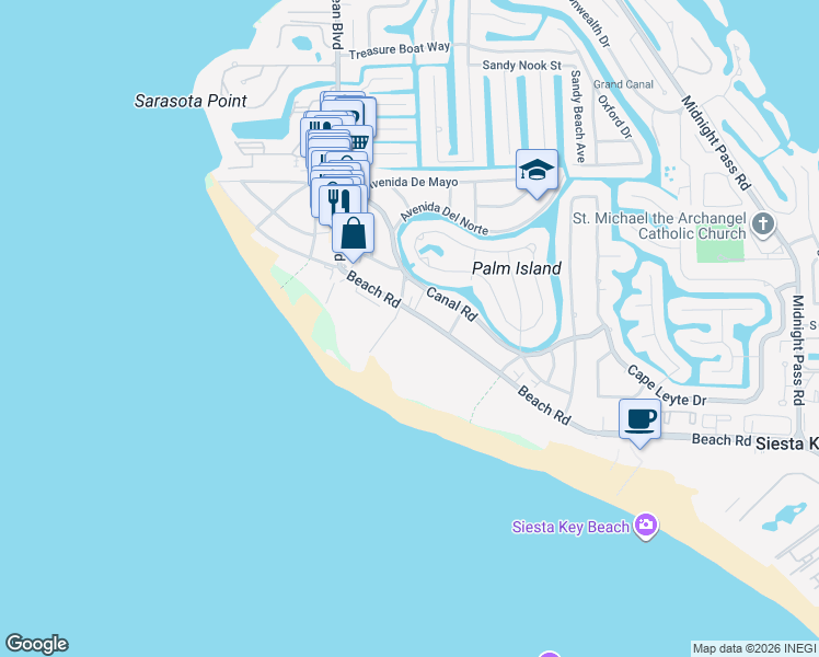 map of restaurants, bars, coffee shops, grocery stores, and more near 411 Beach Road in Siesta Key
