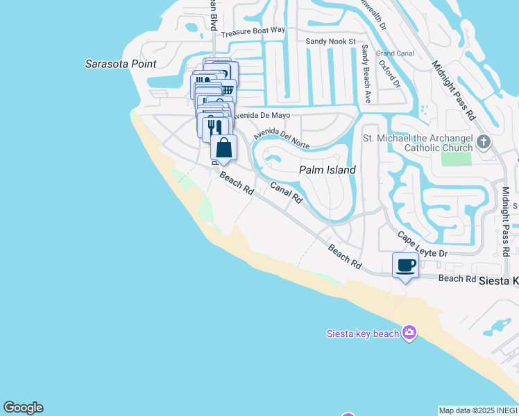 map of restaurants, bars, coffee shops, grocery stores, and more near 411 Beach Road in Siesta Key