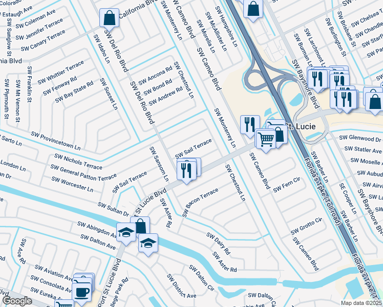 map of restaurants, bars, coffee shops, grocery stores, and more near 649 Southwest Sail Terrace in Port St. Lucie