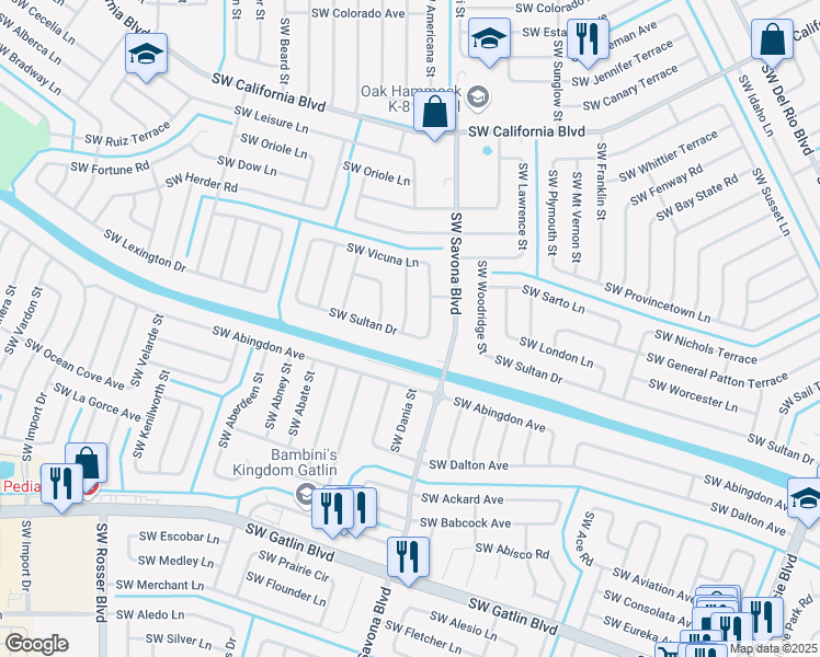 map of restaurants, bars, coffee shops, grocery stores, and more near 1319 Southwest Sultan Drive in Port St. Lucie