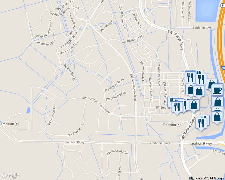 map of restaurants, bars, coffee shops, grocery stores, and more near 11464 Southwest Pembroke Drive in Port St. Lucie