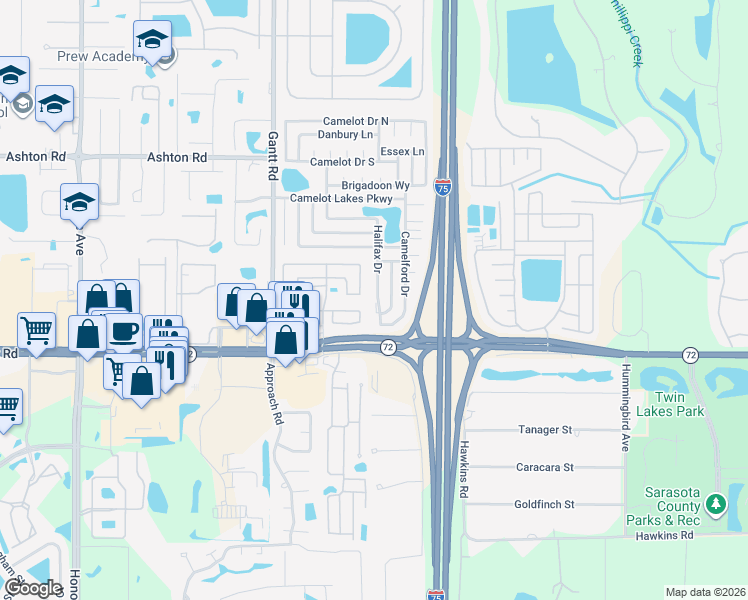 map of restaurants, bars, coffee shops, grocery stores, and more near 5327 Halifax Drive in Sarasota