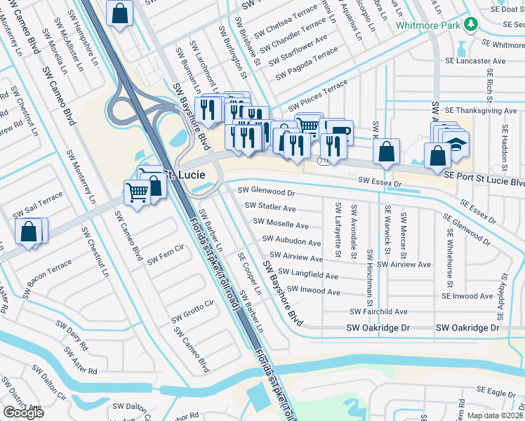 map of restaurants, bars, coffee shops, grocery stores, and more near 267 Southwest Statler Avenue in Port St. Lucie