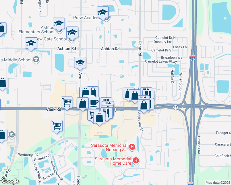 map of restaurants, bars, coffee shops, grocery stores, and more near 5581 Rosehill Road in Sarasota