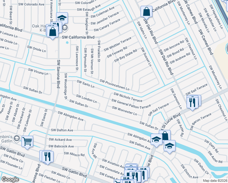 map of restaurants, bars, coffee shops, grocery stores, and more near 989 Southwest Nichols Terrace in Port St. Lucie