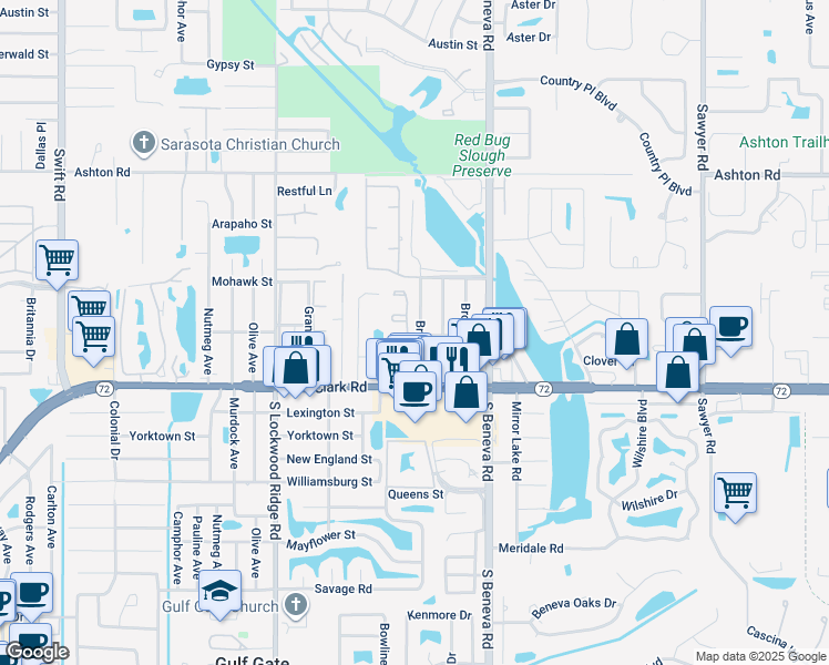 map of restaurants, bars, coffee shops, grocery stores, and more near 5665 Bronx Avenue in Sarasota