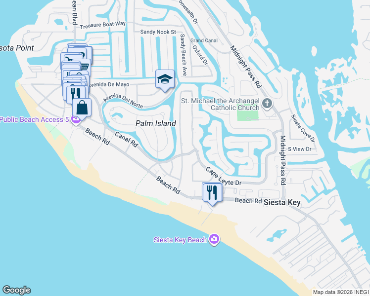 map of restaurants, bars, coffee shops, grocery stores, and more near 5440 Avenida Del Mare in Siesta Key