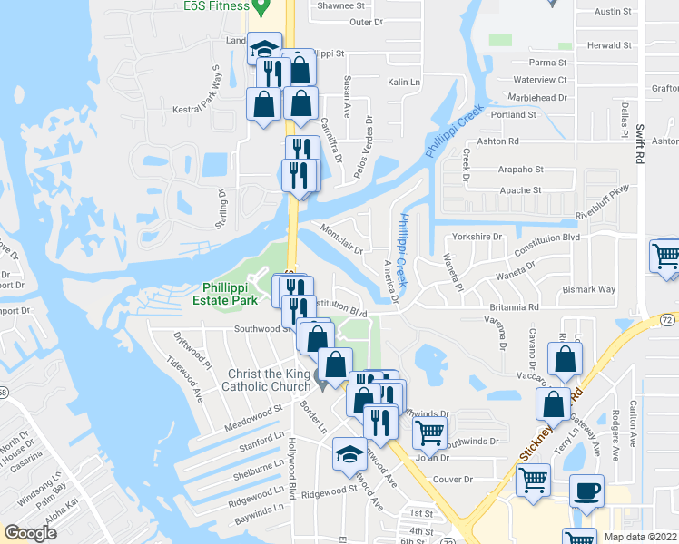 map of restaurants, bars, coffee shops, grocery stores, and more near 5631 Aquitania Place in Sarasota