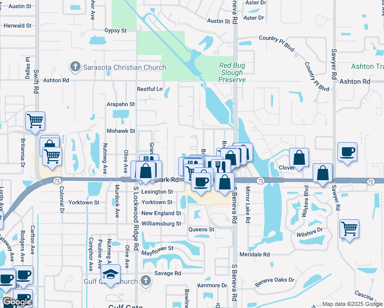 map of restaurants, bars, coffee shops, grocery stores, and more near 3457 Clark Road in Sarasota