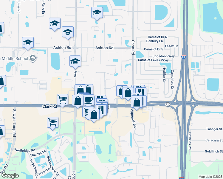 map of restaurants, bars, coffee shops, grocery stores, and more near 5581 Rosehill Road in Sarasota