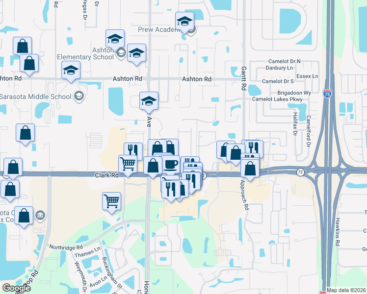 map of restaurants, bars, coffee shops, grocery stores, and more near 8006 Moonstone Drive in Sarasota