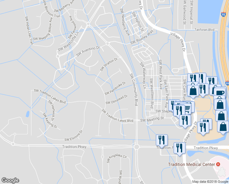 map of restaurants, bars, coffee shops, grocery stores, and more near 11409 Southwest Pembroke Drive in Port St. Lucie